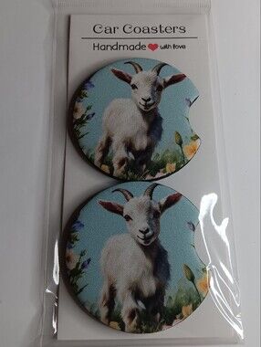 Handmade Goat Print Car Coasters - Blue Background